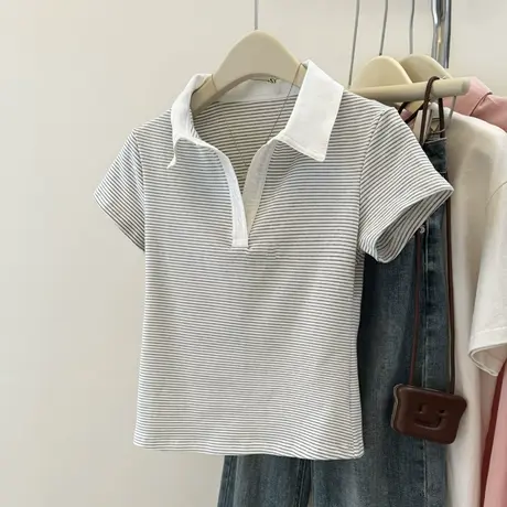 韩系高级感半开Polo领短袖T恤女夏季修身韩版撞色条纹纯棉上衣潮商品大图