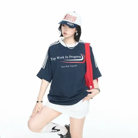 美式复古字母印花短袖T恤女夏季2025新款宽松休闲情侣半袖上衣潮图片