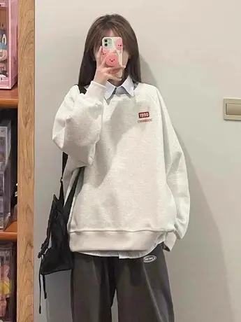 无帽圆领卫衣女2025新款爆款春秋季小个子韩系慵懒风美式复古上衣商品大图