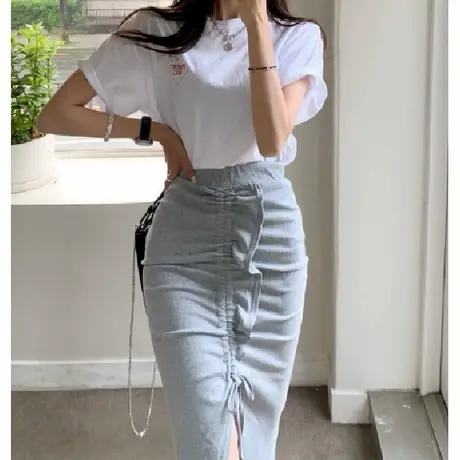 韩国东大门时尚舒适女装潮流经典灰开叉荷叶边抽绳修身包臀半身裙商品大图