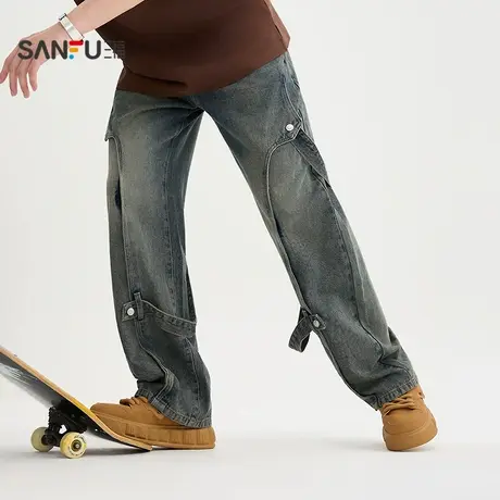 三福2025秋季男士飘带解构牛仔裤 街头潮流宽松直筒长裤506191商品大图