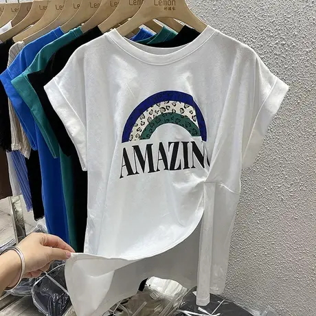短袖t恤女2021夏季新款韩版宽松字母印花开叉设计感小众别致上衣商品大图