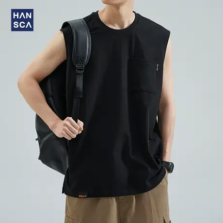 hansca 运动背心男宽松夏季新款潮牌纯棉健身坎肩黑色无袖短袖T恤图片