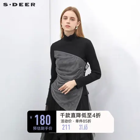 sdeer圣迪奥女装时尚高领撞色网纱系带长袖T恤S223Z0216🈲商品大图