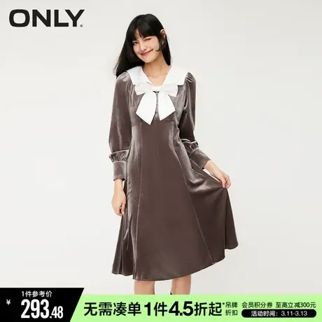 ONLY冬季气质复古翻领拼接蝴蝶结连衣裙女|123407015商品大图