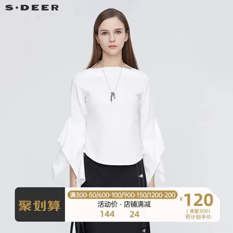 sdeer圣迪奥女装一字领不规则拼接长袖T恤S21180201⏰商品大图