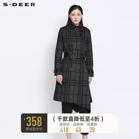 sdeer圣迪奥女装立领双排扣格纹收腰不规则长款风衣S21381818🔘商品大图