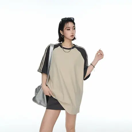 2025夏装新款纯棉拼色宽松T恤男女同款ins风潮牌短袖上衣6色可选图片