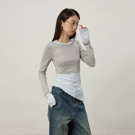 omont蛋挞家假两件设计感小众打底T恤秋圆领修身拼接长袖上衣商品大图