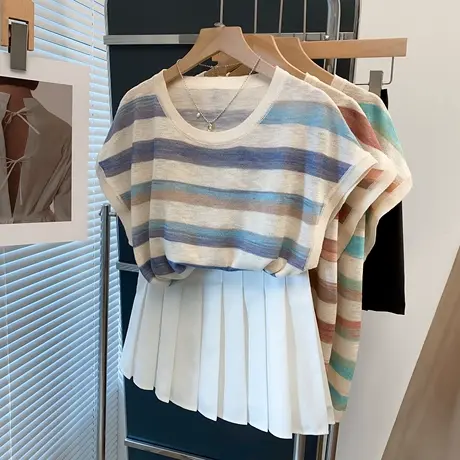 圆领落肩针织衫女2025夏装新款宽松外穿条纹上衣薄款短袖t恤衫潮商品大图