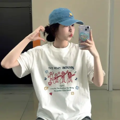 美式纯棉短袖t恤女夏季2025新款爆款设计感小众半袖百搭上衣体恤商品大图