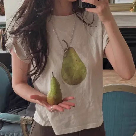 韩国东大门复古手绘印花梨子休闲宽松短袖T恤女百搭短款正肩上衣商品大图