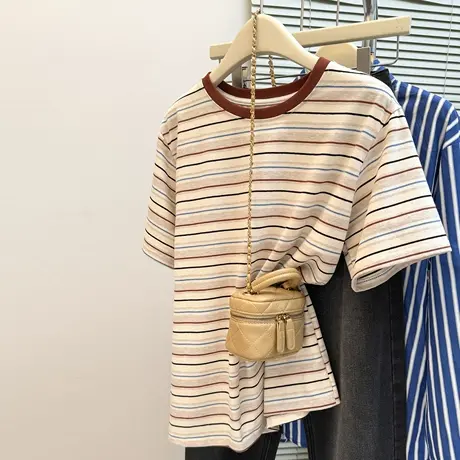 复古撞色条纹短袖T恤女夏季宽松韩版纯棉打底衫设计感小众上衣潮商品大图