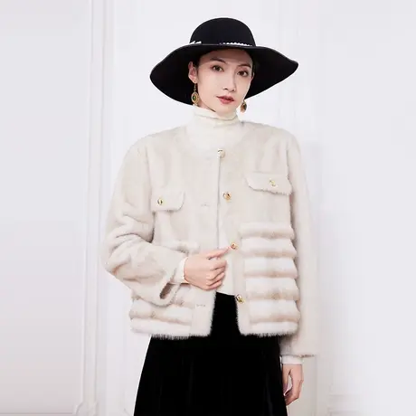 希区瑞普冬季新款名媛风圆领渐变仿貂皮短款环保皮草上衣商品大图