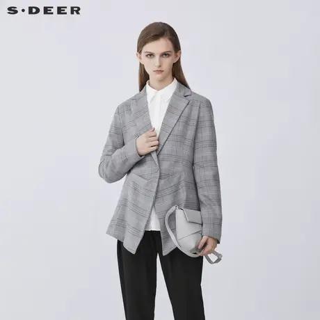 sdeer圣迪奥设计感平驳领一粒扣格纹西装外套女S21362225图片