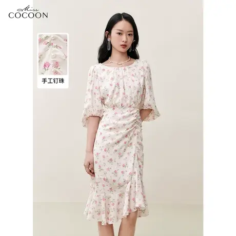 missCOCOON法式碎花短袖连衣裙女2023夏装新款抽褶设计感鱼尾裙子图片