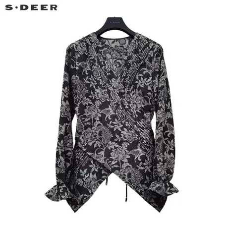 sdeer圣迪奥女装V领压褶印花收腰长袖衬衫S233Z0568图片