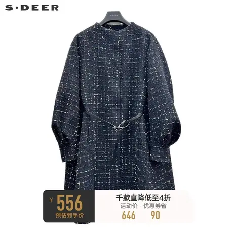 sdeer圣迪奥女装圆领格纹收腰呢子长款大衣S224Z2595图片