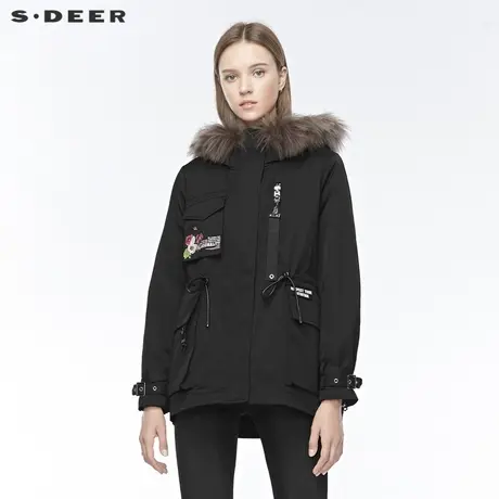 sdeer圣迪奥女装高领连帽收腰插袋搭袢两件套羽绒服S19482462图片
