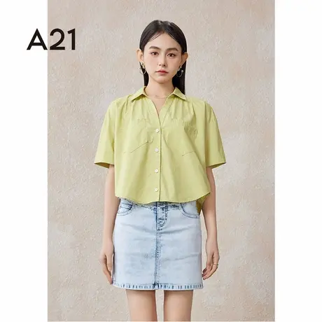 A21女装梭织合体翻领落肩全开襟短袖衬衫夏季设计感工装衬衣女商品大图