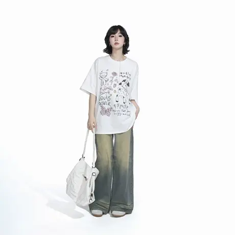 YEP卡通印花短袖T恤女春夏2025新款套头宽松半袖街头潮牌复古上衣图片