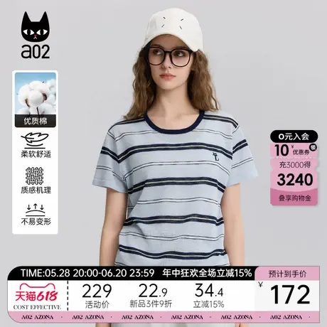 a02航海系穿搭蓝色条纹短袖T恤女2025新款夏季圆领宽松度假风上衣图片