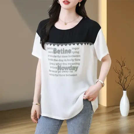 时尚短袖雪纺衫女夏季2025新款上衣胖MM宽松大码遮肚显瘦T恤女商品大图