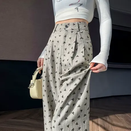 蝴蝶印花休闲阔腿裤女春夏新款高腰宽松显瘦垂感直筒拖地西装裤子图片