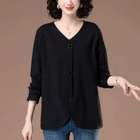 长袖t恤女春秋款加肥加大码女装宽松中老年妈妈V领显瘦外穿打底衫图片