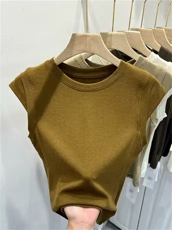 飞飞袖圆领修身T恤简约上衣女2024夏新款体恤无袖软糯针织打底衫图片
