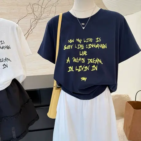 小众宽松圆领百搭上衣简约风字母印花雪花棉短袖t恤女夏季上衣潮商品大图