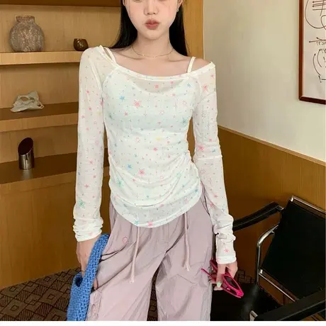 2024夏季薄款星星图案美式辣妹一字肩长袖罩衫防晒设计感T恤上衣图片