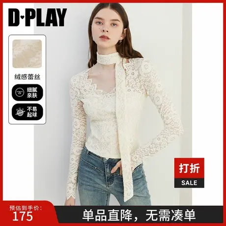 DPLAY2025春季气质法式白色可拆卸飘带修身绒感蕾丝加绒上衣女图片