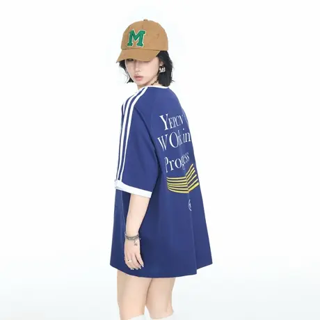 美式复古撞色条纹拼接前后印花短袖T恤女夏季2025新款街头风上衣商品大图