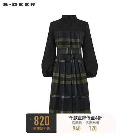 sdeer圣迪奥女装立领风琴褶收腰格纹大衣式羽绒服S234Z2430❄商品大图