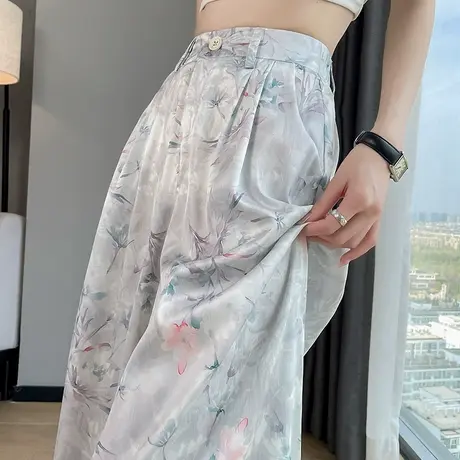 国风水墨新中式冰丝裙裤女夏季薄款高腰小个子七八分休闲阔腿裤子商品大图