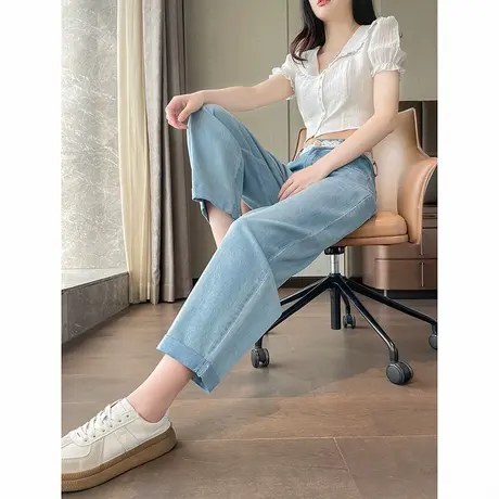 韩版休闲牛仔裤2025年夏季新款女高腰显瘦阔腿百搭通勤九分裤图片