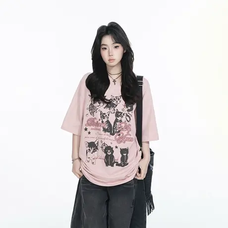 YEP2025春夏新款猫咪印花宽松T恤ins风街头复古风甜辣少女感上衣图片