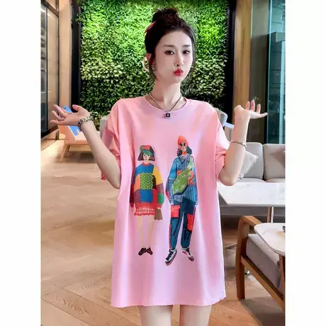 2025新款夏季时尚洋气粉色短袖宽松t恤女韩版慵懒风中长款上衣衫商品大图