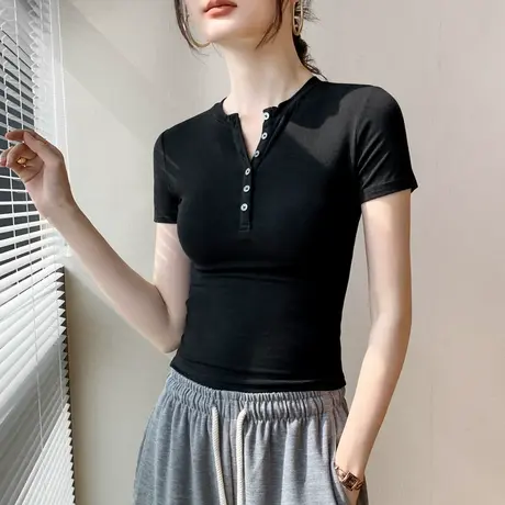 POLO领纽扣短袖T恤女2025夏季新款修身正肩纯色百搭小众别致上衣图片