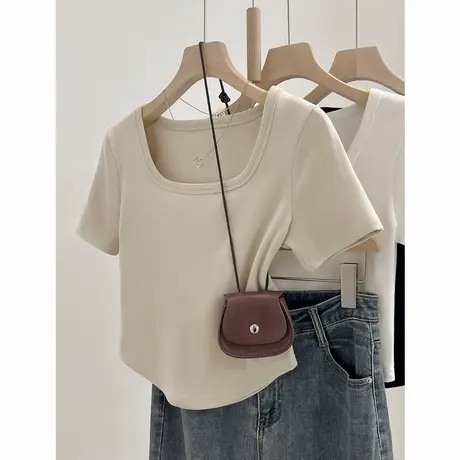法式正肩方领锁骨T恤女春夏设计感杏色弧形下摆收腰短款辣妹上衣商品大图