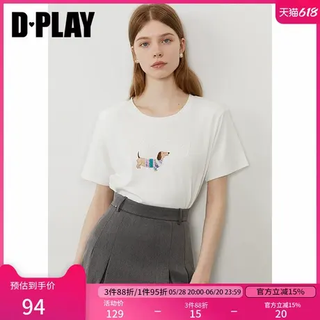 DPLAY2025年夏季新款白色T恤女圆领小狗胶印流行个性小众上衣图片