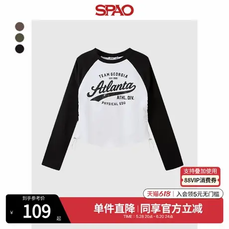 SPAO韩国同款2025年夏季新品女士复古印花拼色长袖T恤SPLWF12G40图片