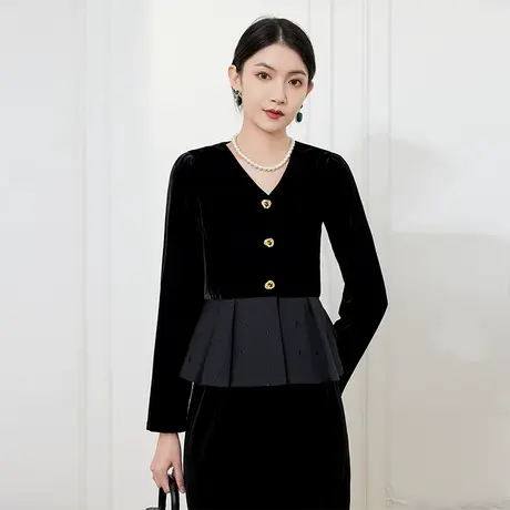 希区瑞普简约长袖丝绒裙摆短外套开衫简约商品大图