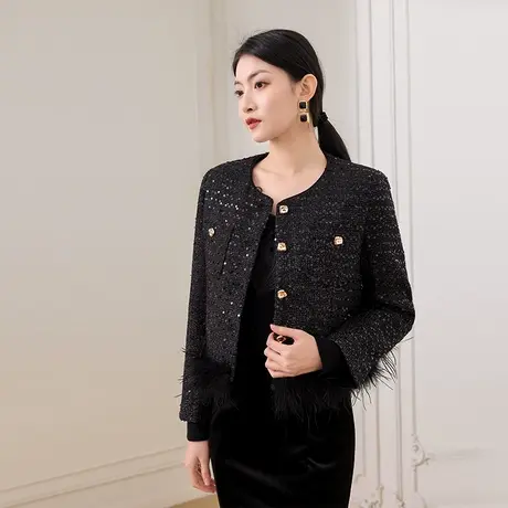 希区瑞普小香风羽绒外套短款女冬季新款优雅亮片毛毛可脱卸商品大图