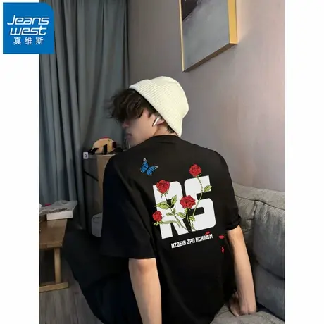 NR真维斯美式潮牌纯棉短袖t恤男女夏季新款别致印花宽松休闲上衣商品大图