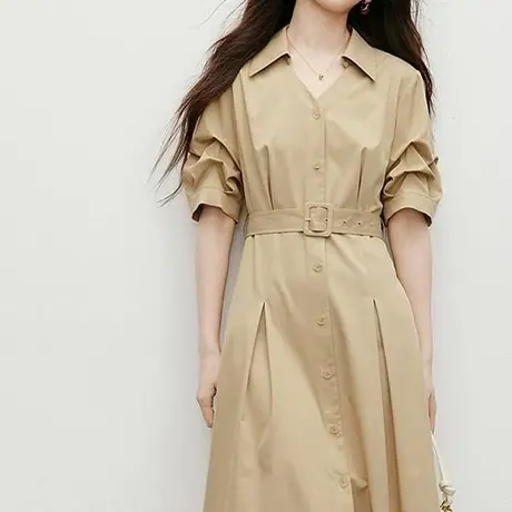 首尚格释2025夏季新品时尚优雅堆堆袖翻领休闲咖色高级感连衣裙女商品大图