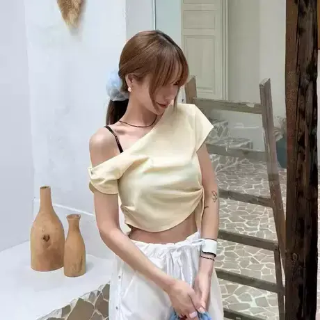 现货 东大门~夏新款斜肩纯色短袖打底衫050图片