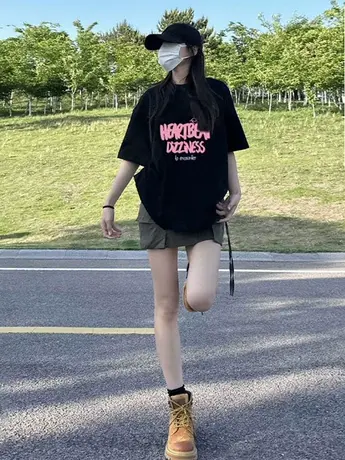 高街美式复古黑色仿棉短袖t恤女夏季2023新款韩版宽松显瘦上衣潮商品大图