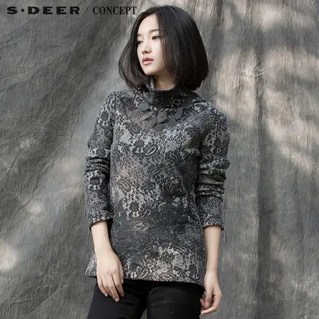 【新品】sdeer圣迪奥女装冬装柔美的版画轮廓高领上衣S15480211图片